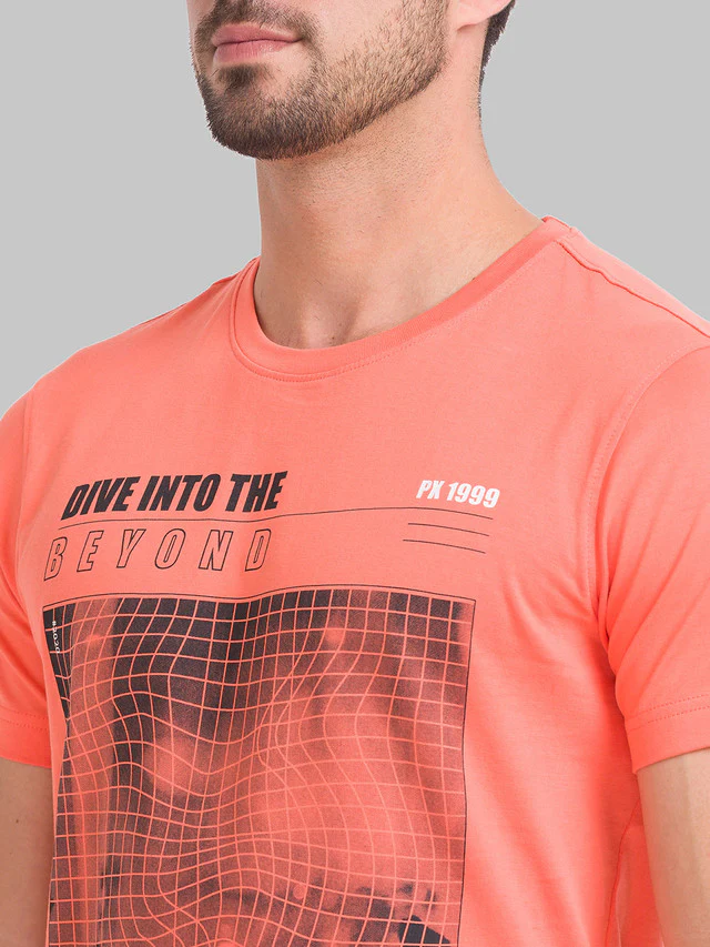 Parx Men Orange Printed Regular Fit Half Sleeve Round Neck T-Shirt - Image 6