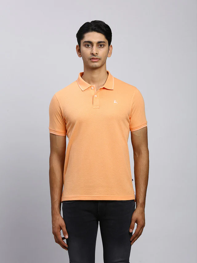 Parx Men Orange Self Design Regular Fit Half Sleeve Polo Neck T-Shirt