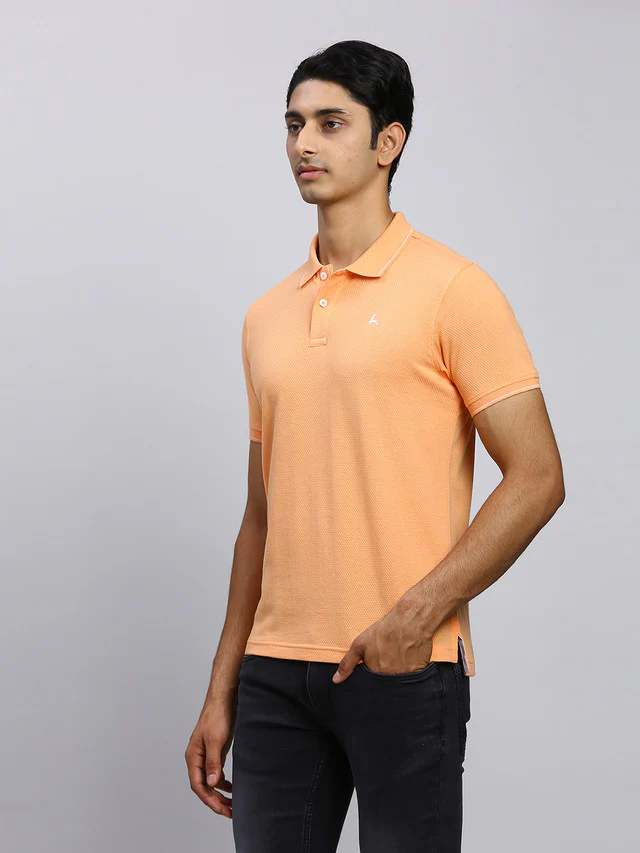 Parx Men Orange Self Design Regular Fit Half Sleeve Polo Neck T-Shirt - Image 3