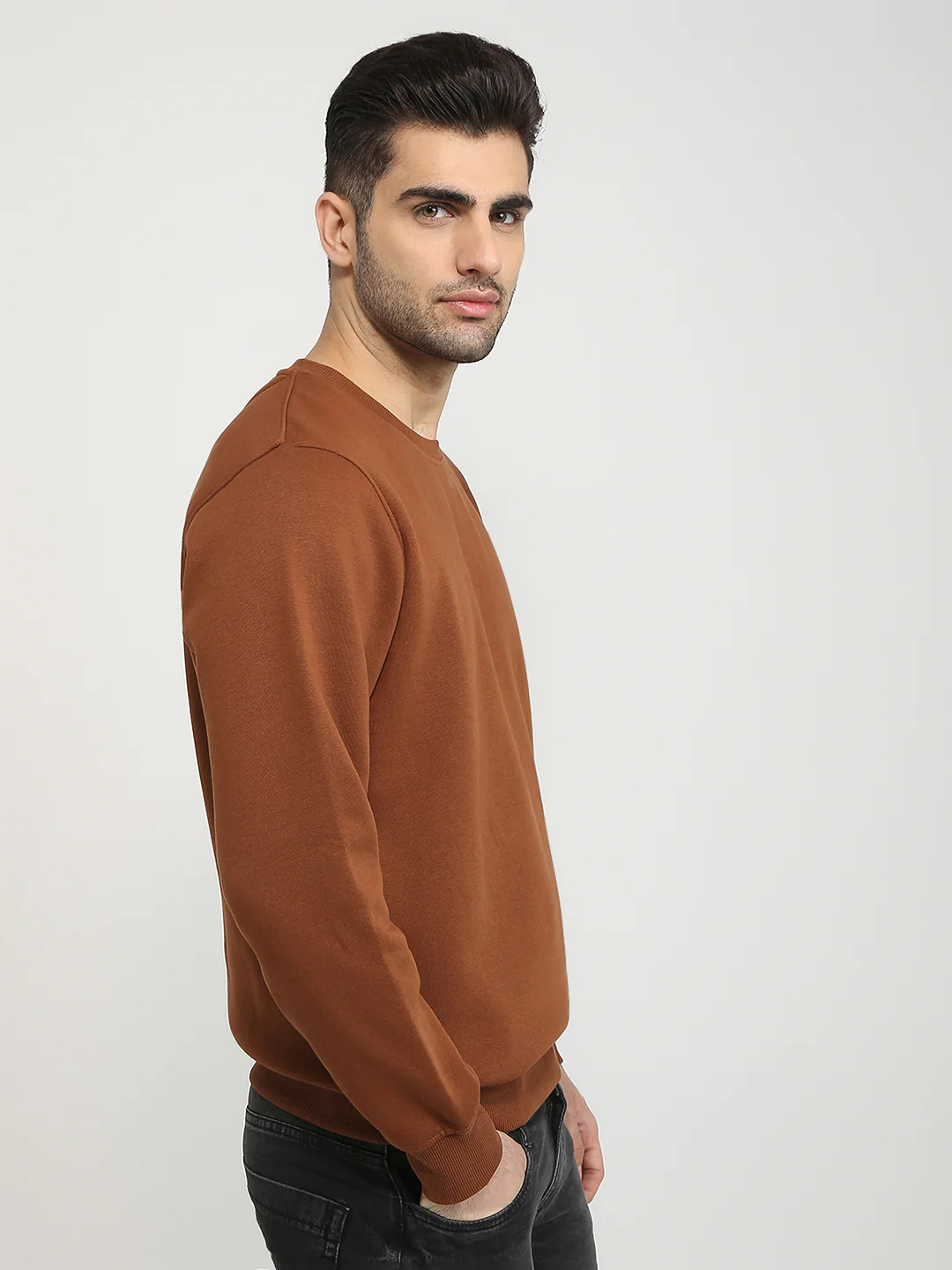 Parx Men Orange Solid Regular Fit Cotton Blend Full Sleeve Round Neck Collar Sweatshirt - Image 3
