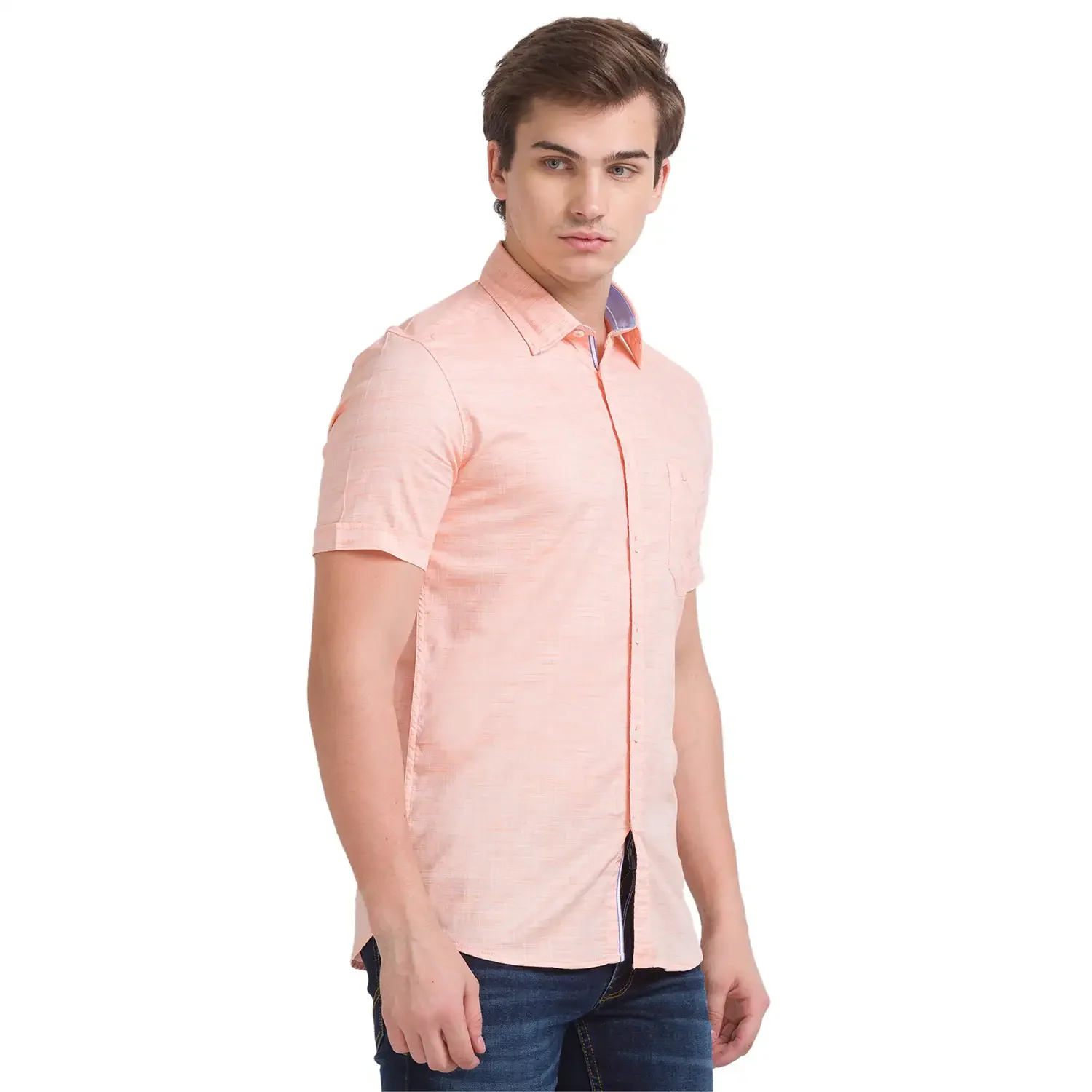 Parx Men Orange Solid Slim Fit Cotton Half Sleeve Cutaway Collar Shirt - Image 2