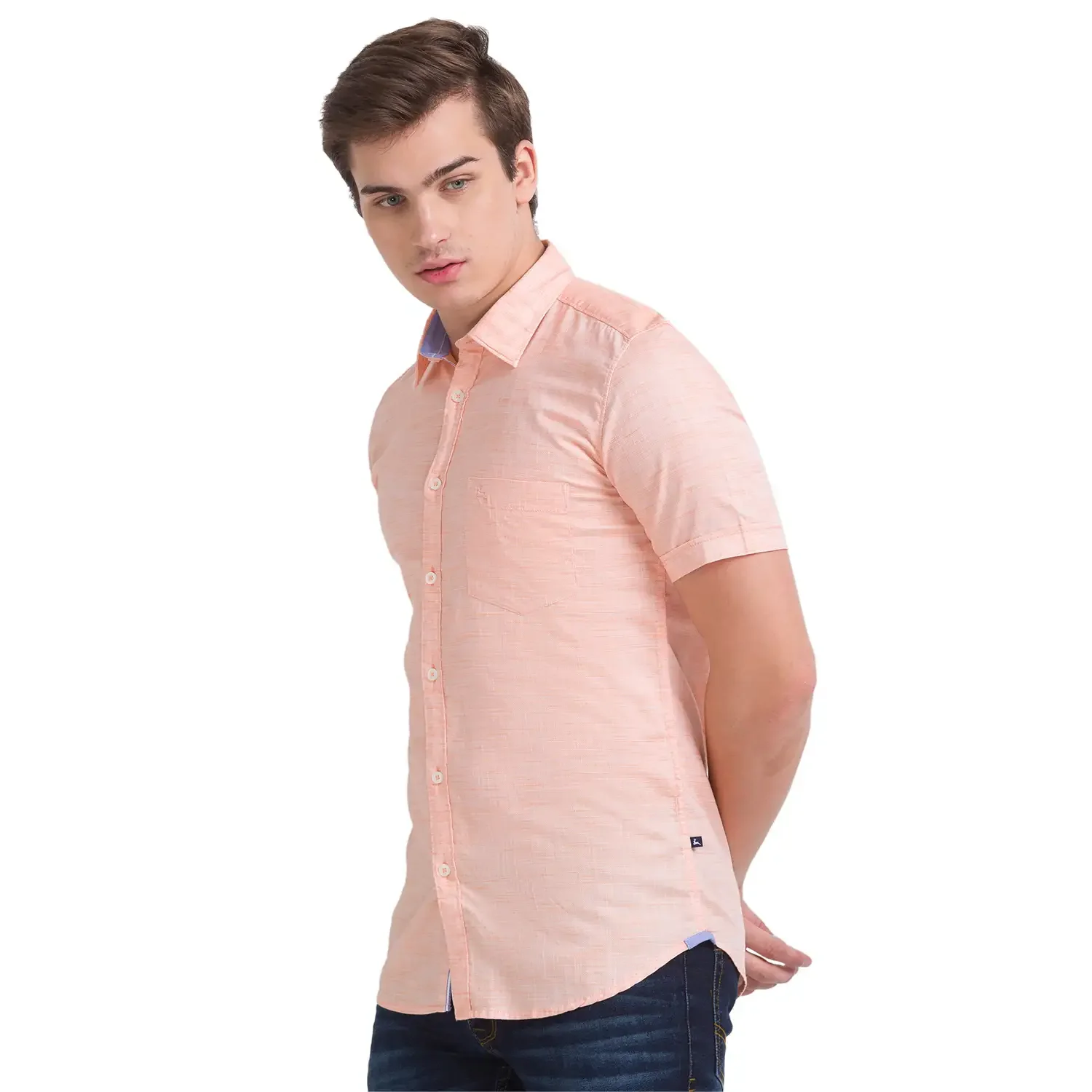 Parx Men Orange Solid Slim Fit Cotton Half Sleeve Cutaway Collar Shirt - Image 3