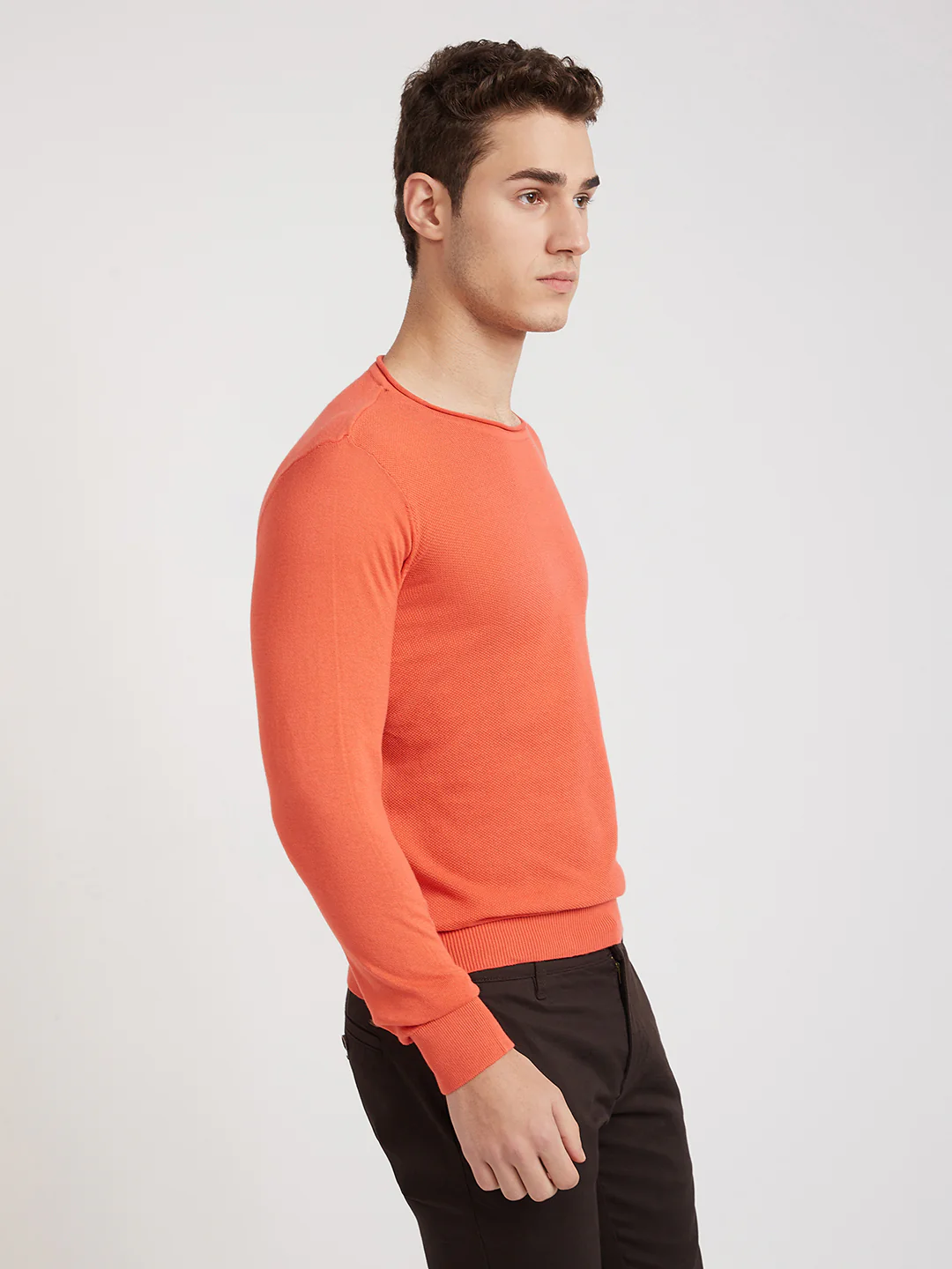 Parx Men Orange Structure Cotton Full Sleeve Round Neck Collar Sweater - Image 2