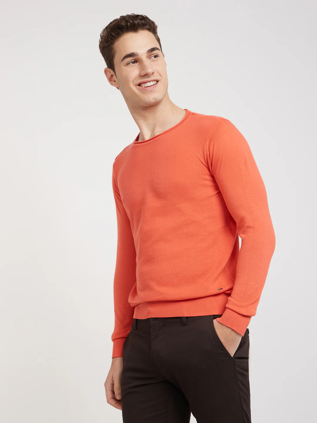 Parx Men Orange Structure Cotton Full Sleeve Round Neck Collar Sweater - Image 3