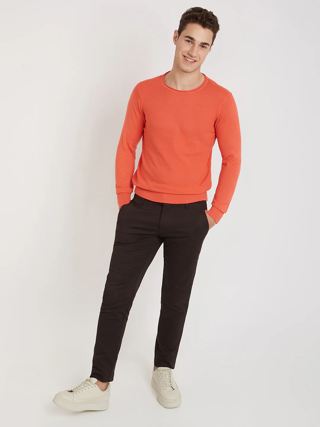 Parx Men Orange Structure Cotton Full Sleeve Round Neck Collar Sweater - Image 5