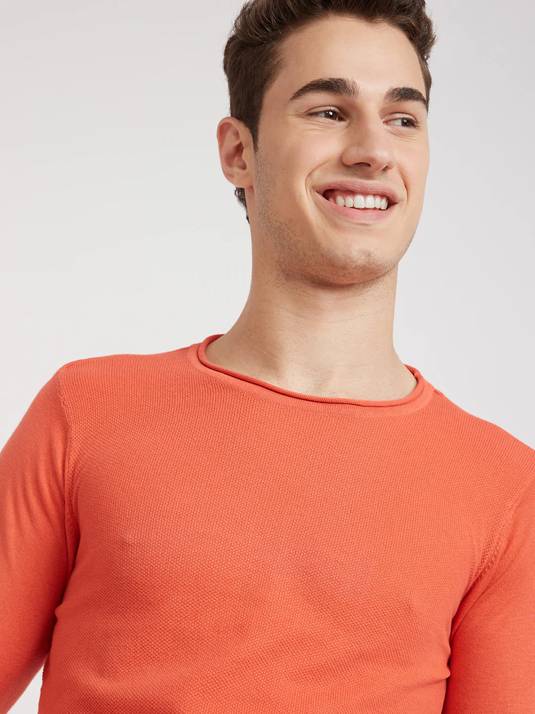 Parx Men Orange Structure Cotton Full Sleeve Round Neck Collar Sweater - Image 6