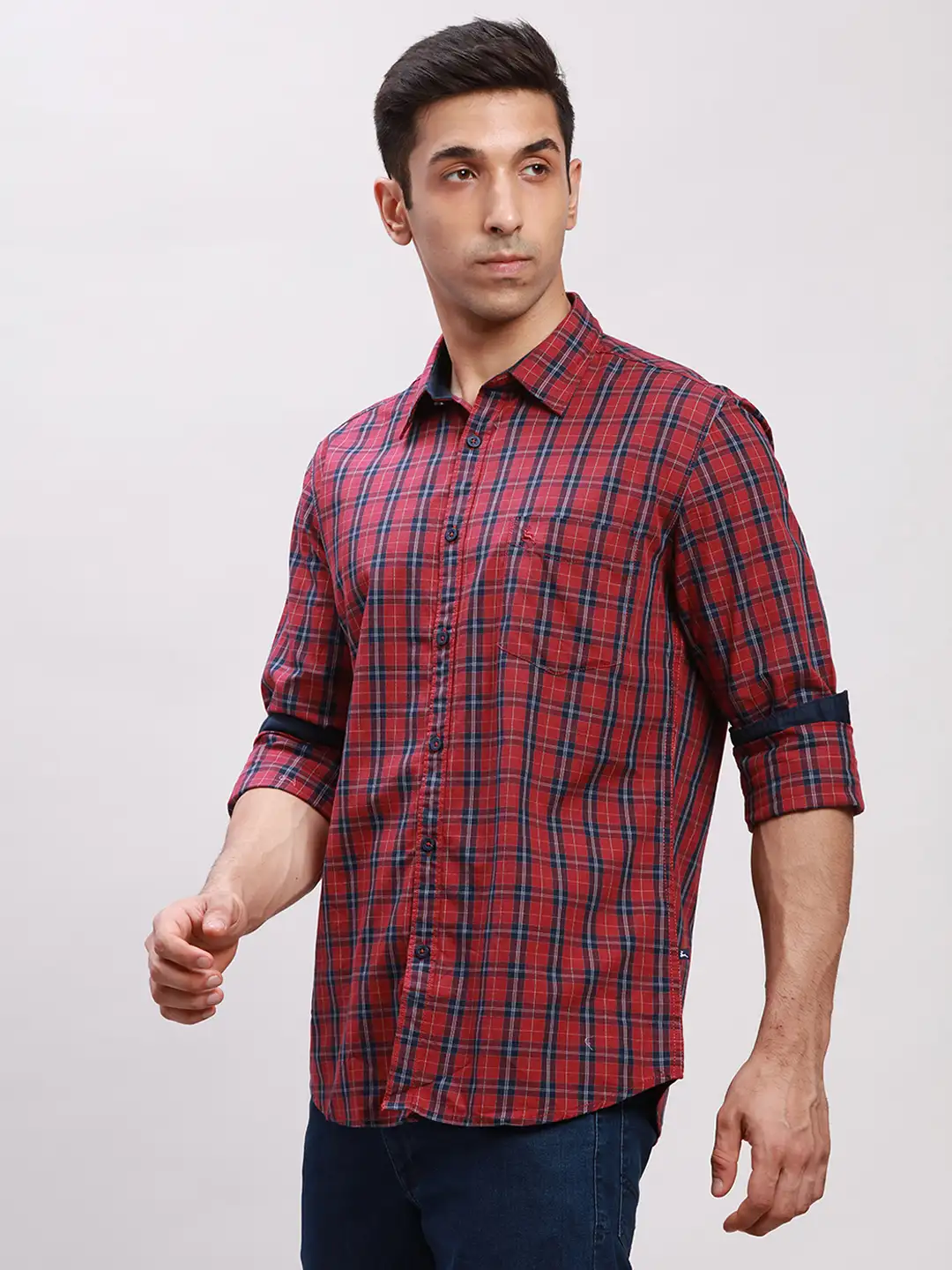 Parx Men Red Checks Slim Fit Cotton Full Sleeve Cut Away Collar Shirt - Image 3