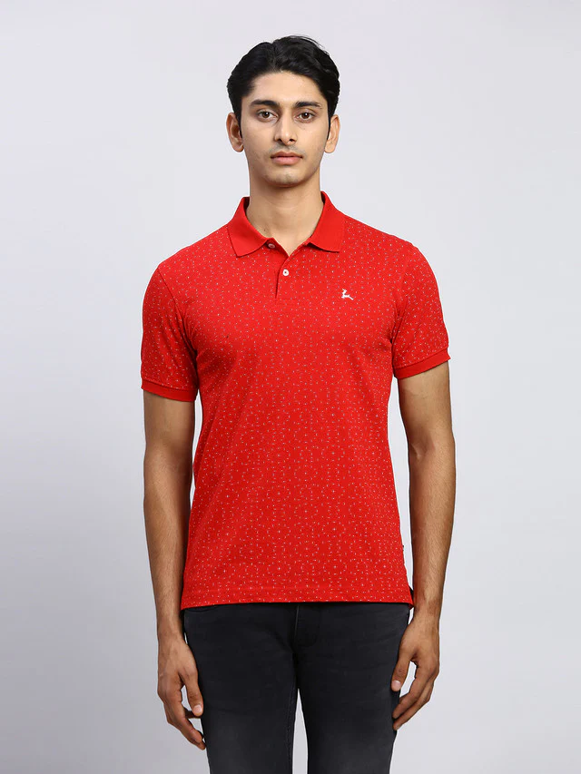 Parx Men Red Printed Regular Fit Half Sleeve Polo Neck T-Shirt