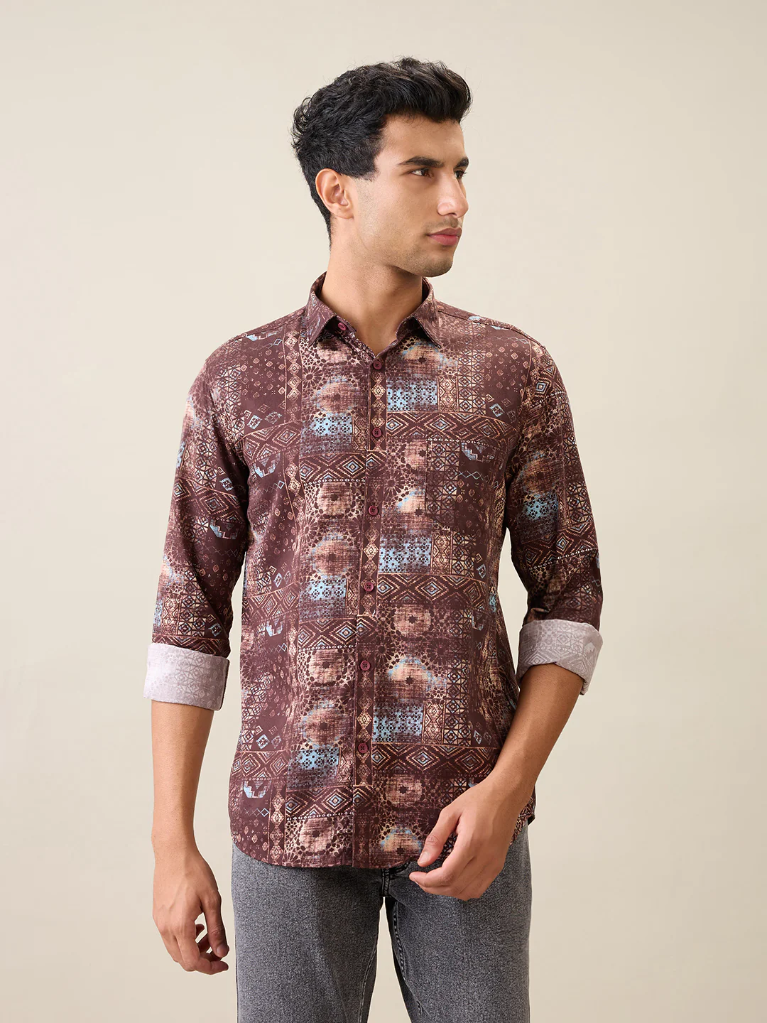 Parx Men Red Printed Slim Fit Cotton Full Sleeve Casual Shirt