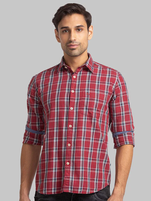 Parx Men Red Slim Fit Checks Full Sleeve Cutaway Collar Shirt