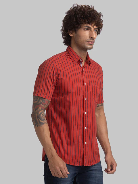 Parx Men Red Slim Fit Stripe Half Sleeve Cutaway Collar Shirt - Image 2