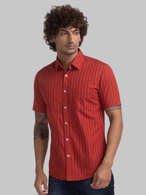 Parx Men Red Slim Fit Stripe Half Sleeve Cutaway Collar Shirt - Image 3