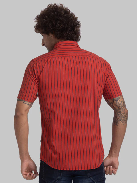 Parx Men Red Slim Fit Stripe Half Sleeve Cutaway Collar Shirt - Image 4