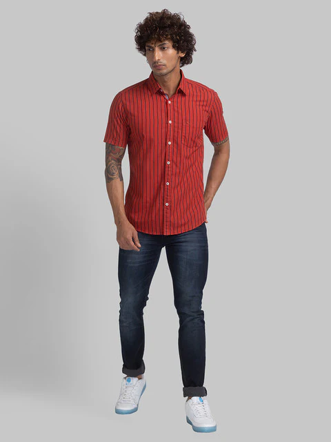 Parx Men Red Slim Fit Stripe Half Sleeve Cutaway Collar Shirt - Image 5
