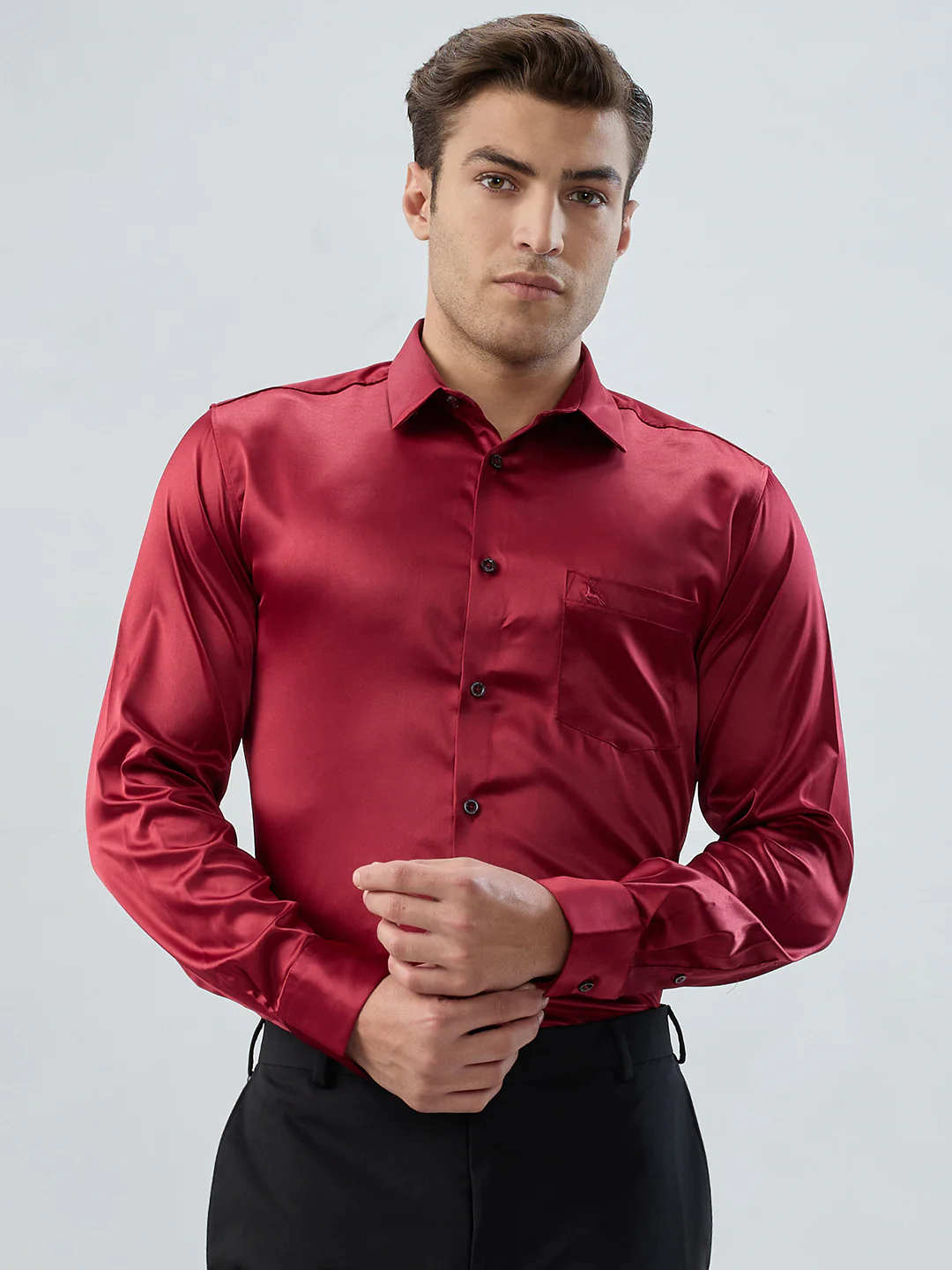 Parx Men Red Solid Slim Fit Polyester Blend Shirt