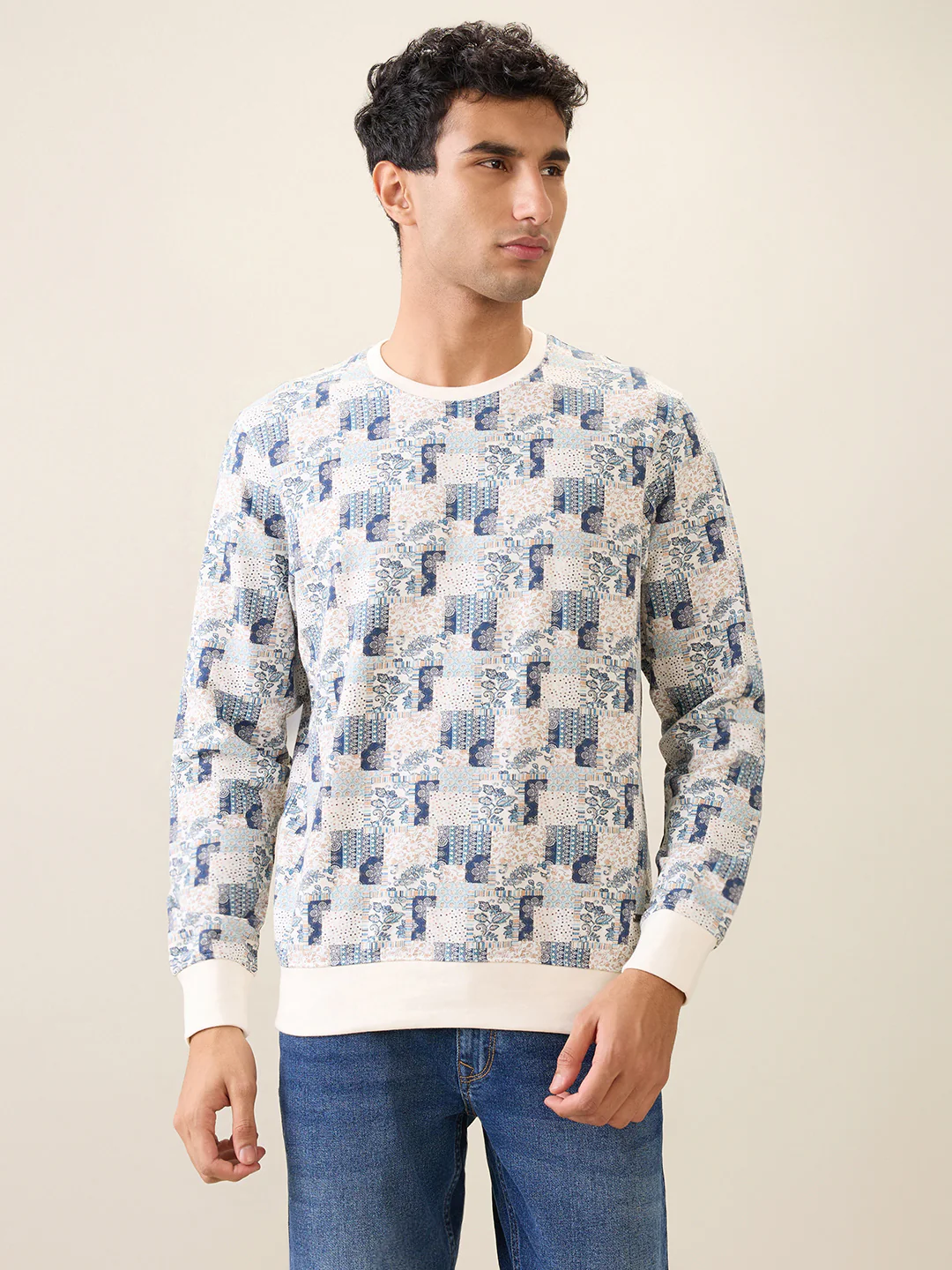 Parx Men White Printed Regular Fit Cotton Full Sleeve Round Neck Collar Sweatshirt