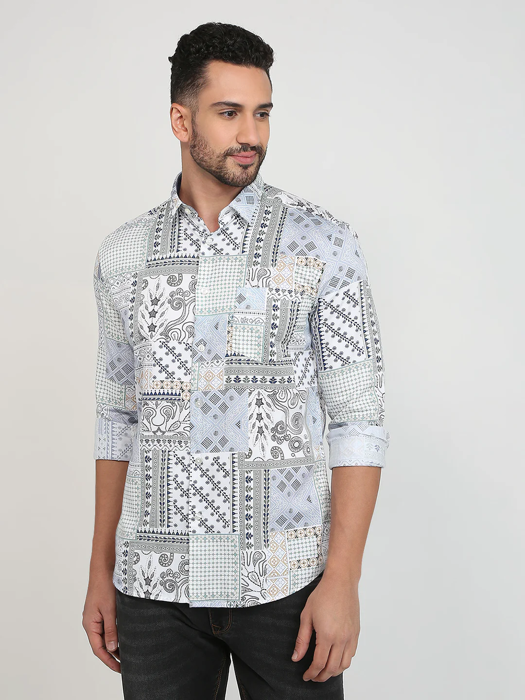 Parx Men White Printed Slim Fit Cotton Casual Shirt