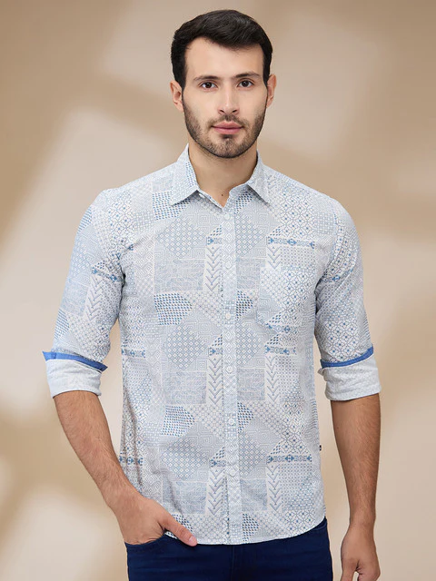 Parx Men White Printed Slim Fit Cotton Casual Shirts