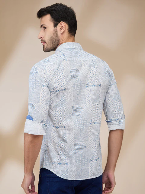 Parx Men White Printed Slim Fit Cotton Casual Shirts - Image 4