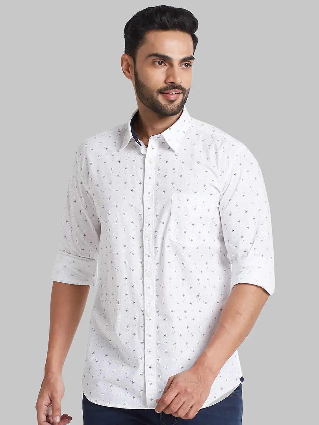Parx Men White Printed Slim Fit Cotton Full Sleeve Cut Away Collar Shirt
