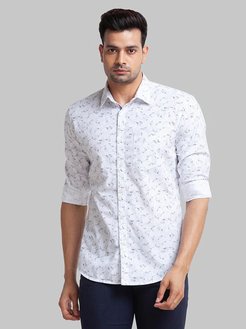 Parx Men White Slim Fit Printed Full Sleeve Cutaway Collar Shirt