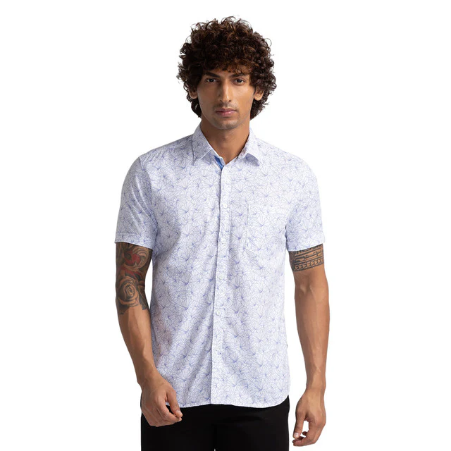 Parx Men White Slim Fit Printed Half Sleeve Cutaway Collar Shirt