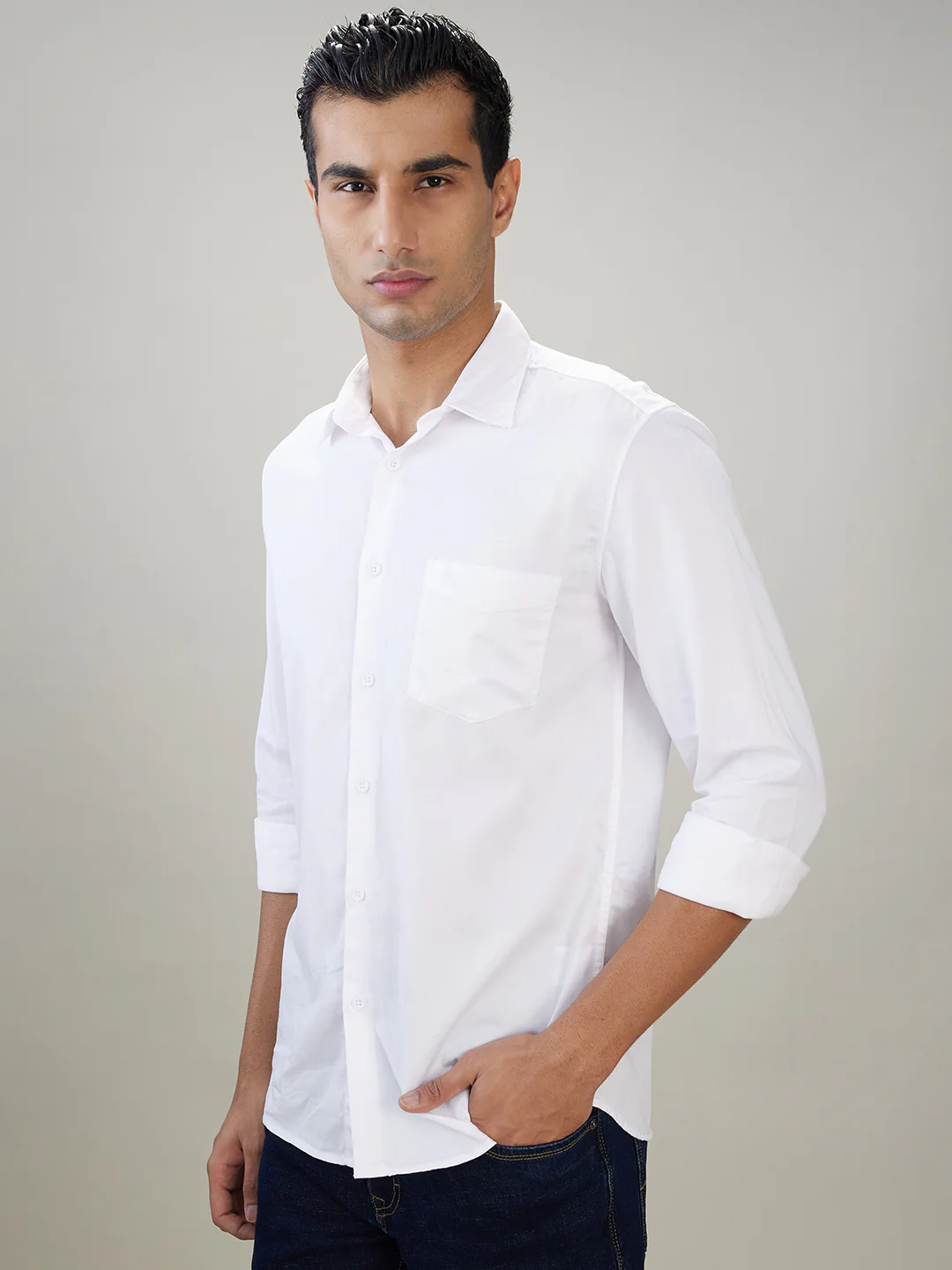 Parx Men White Solid Slim Fit Cotton Blend Full Sleeve Casual Shirt - Image 3