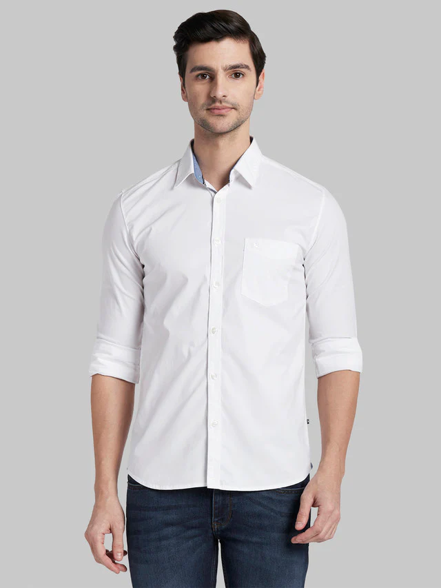 Parx Men White Solid Slim Fit Full Sleeve Semi Cut Away Collar Shirt