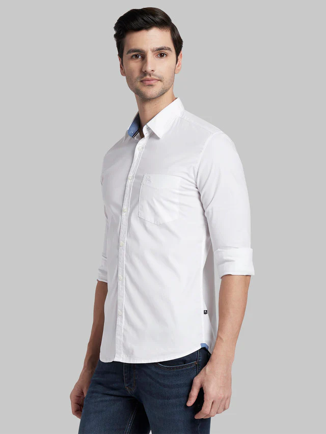 Parx Men White Solid Slim Fit Full Sleeve Semi Cut Away Collar Shirt - Image 3