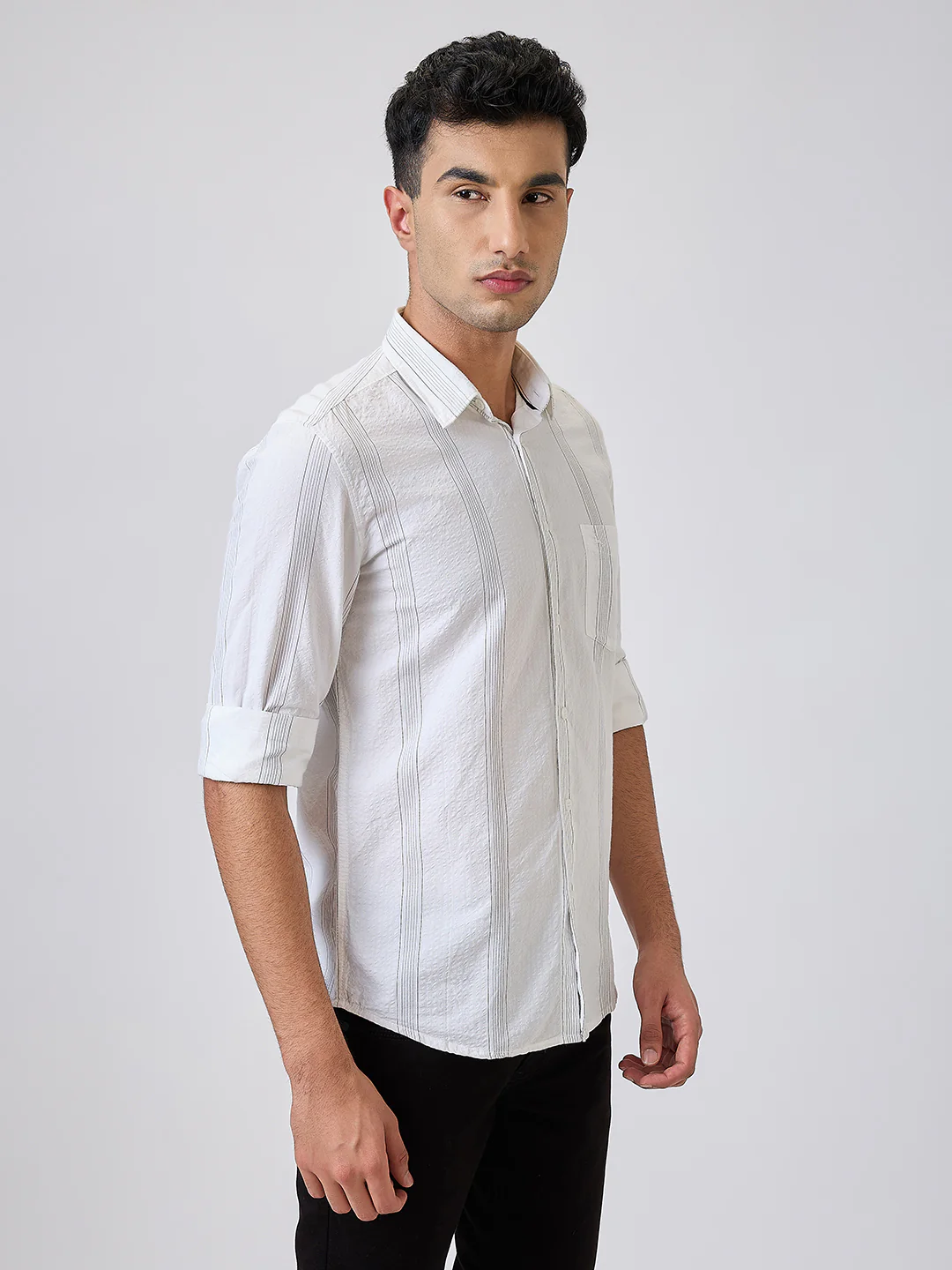 Parx Men White Stripe Slim Fit Cotton Blend Shirt - Image 3