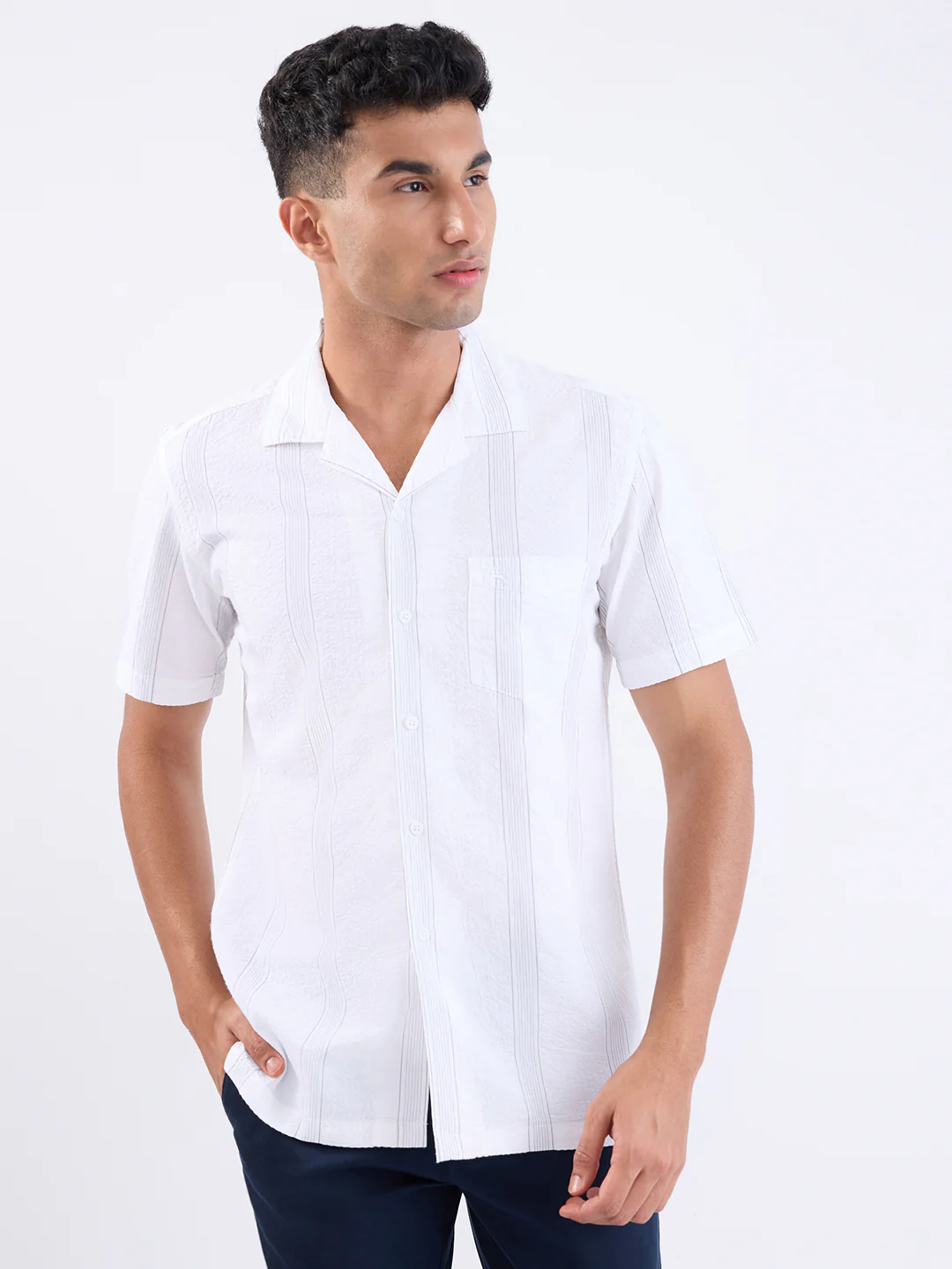 Parx Men White Stripe Slim Fit Cotton Casual Shirt