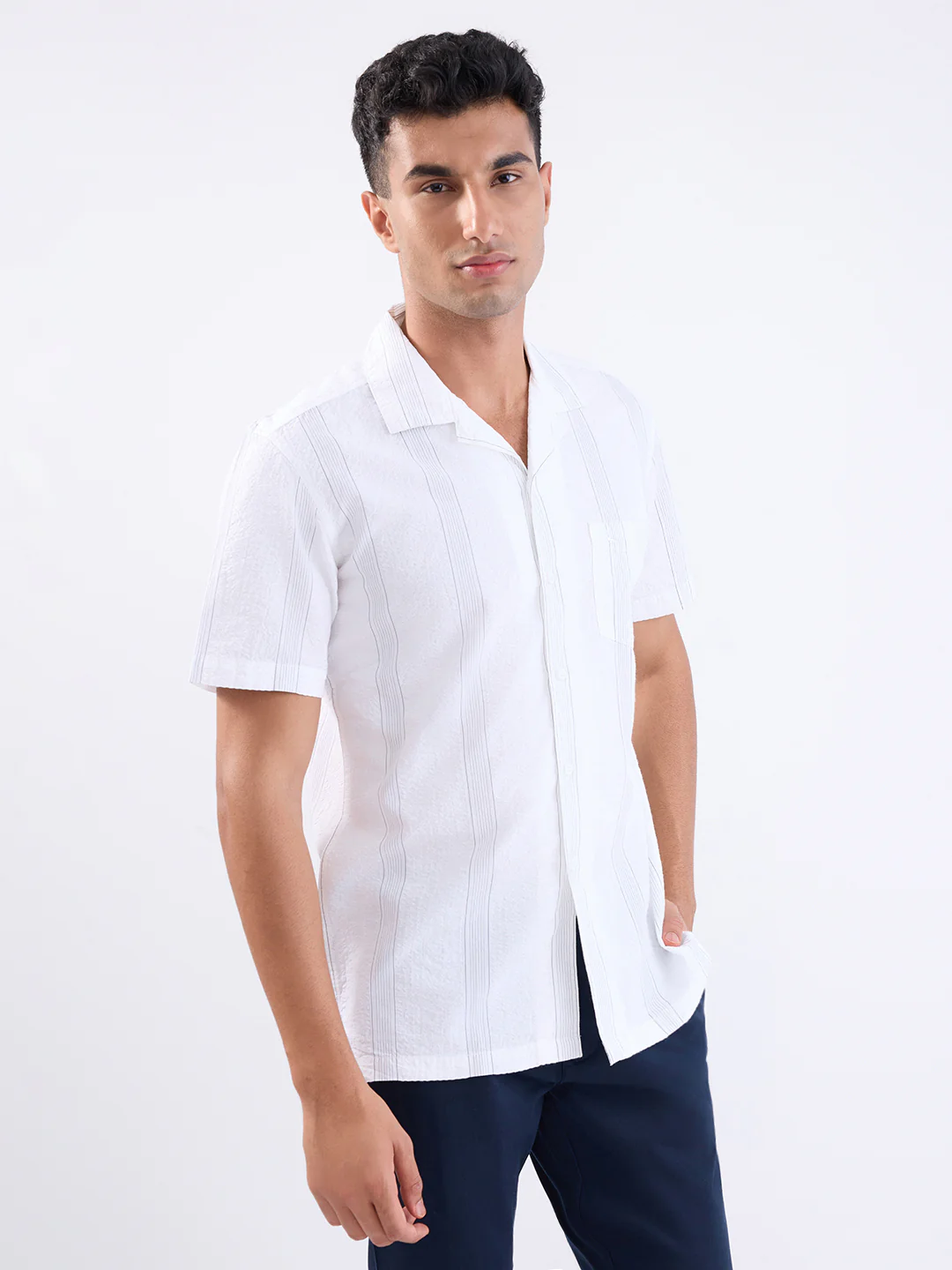 Parx Men White Stripe Slim Fit Cotton Casual Shirt - Image 3