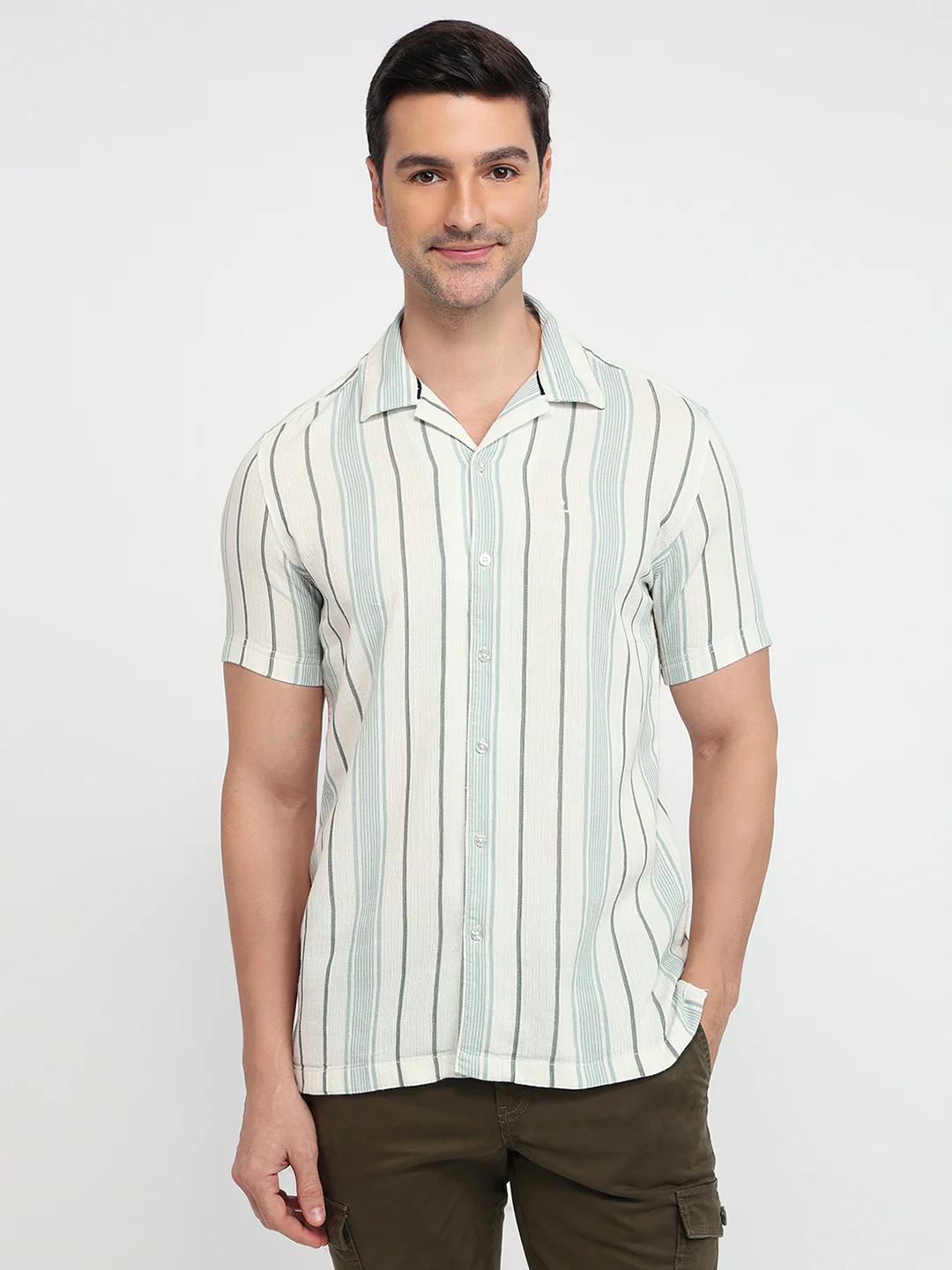 Parx Men White Stripe Slim Fit Cotton Casual Shirt
