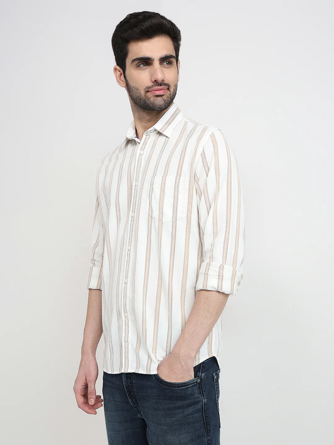 Parx Men White Stripe Slim Fit Cotton Full Sleeve Casual Shirt - Image 2