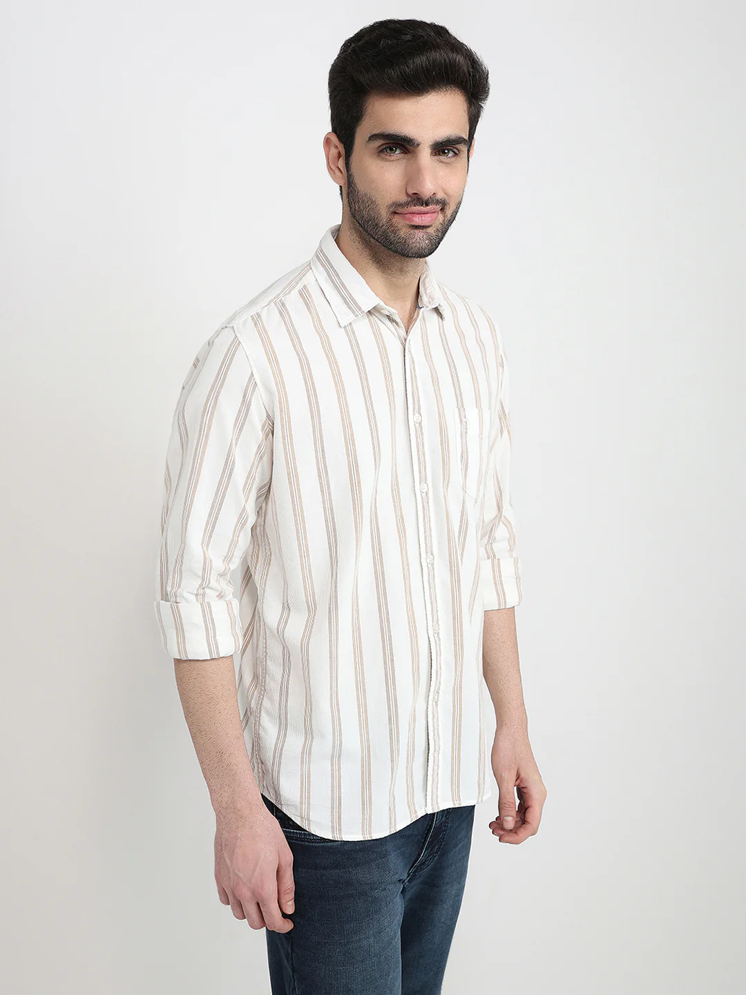 Parx Men White Stripe Slim Fit Cotton Full Sleeve Casual Shirt - Image 4