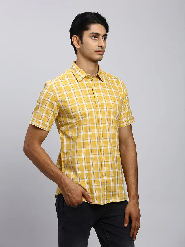 Parx Men Yellow Checkered Slim Fit Half Sleeve Semi Cut Away Collar Shirt - Image 2