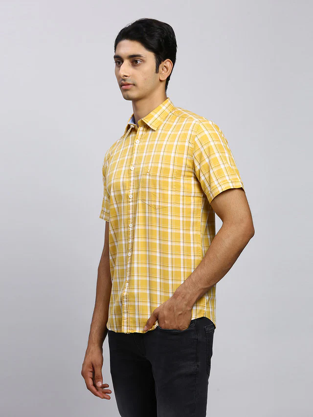 Parx Men Yellow Checkered Slim Fit Half Sleeve Semi Cut Away Collar Shirt - Image 3