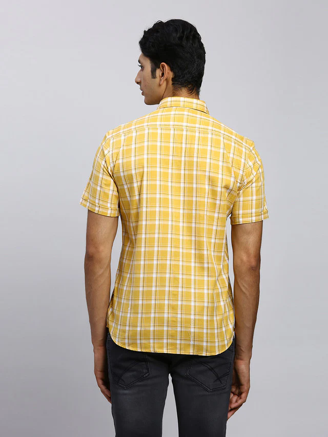 Parx Men Yellow Checkered Slim Fit Half Sleeve Semi Cut Away Collar Shirt - Image 4