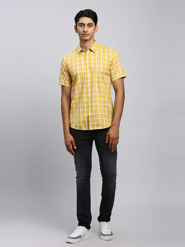 Parx Men Yellow Checkered Slim Fit Half Sleeve Semi Cut Away Collar Shirt - Image 5
