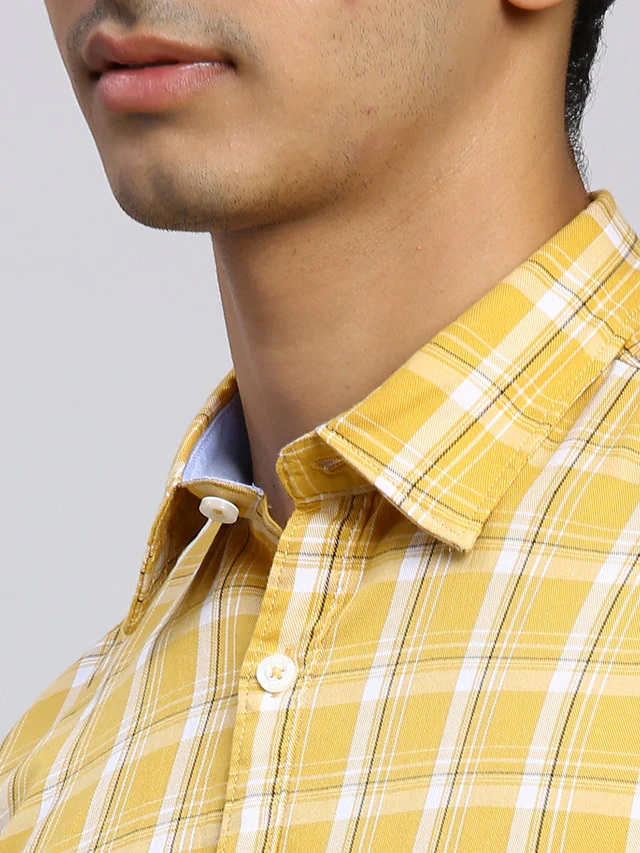 Parx Men Yellow Checkered Slim Fit Half Sleeve Semi Cut Away Collar Shirt - Image 6