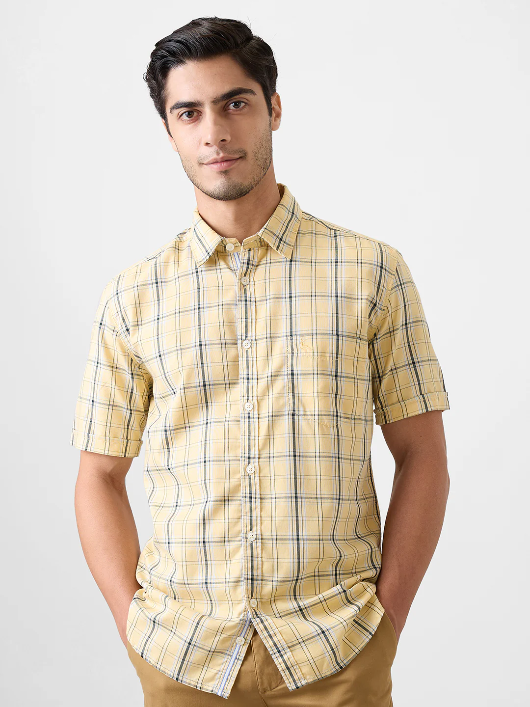 Parx Men Yellow Checks Slim Fit Cotton Blend Shirt