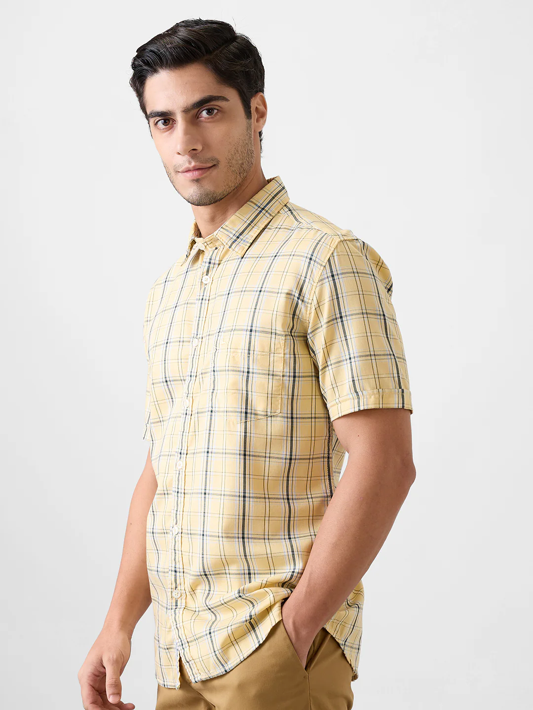 Parx Men Yellow Checks Slim Fit Cotton Blend Shirt - Image 3