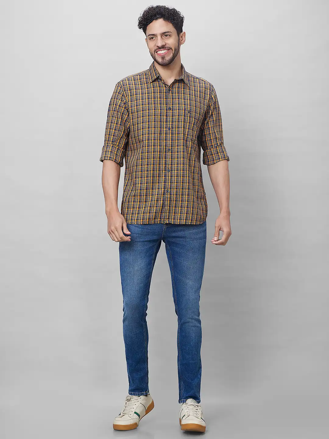 Parx Men Yellow Checks Slim Fit Cotton Full Sleeve Shirts - Image 5