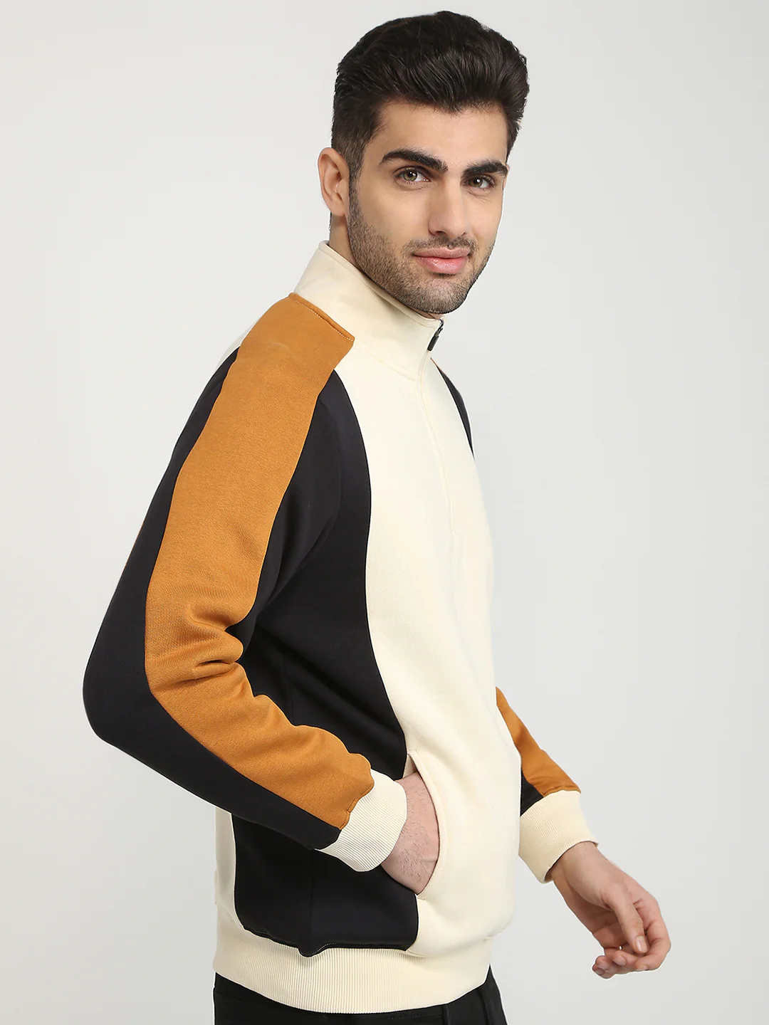 Parx Men Yellow Cut & Sew Regular Fit Cotton Blend Full Sleeve High Neck Collar Sweatshirt - Image 3