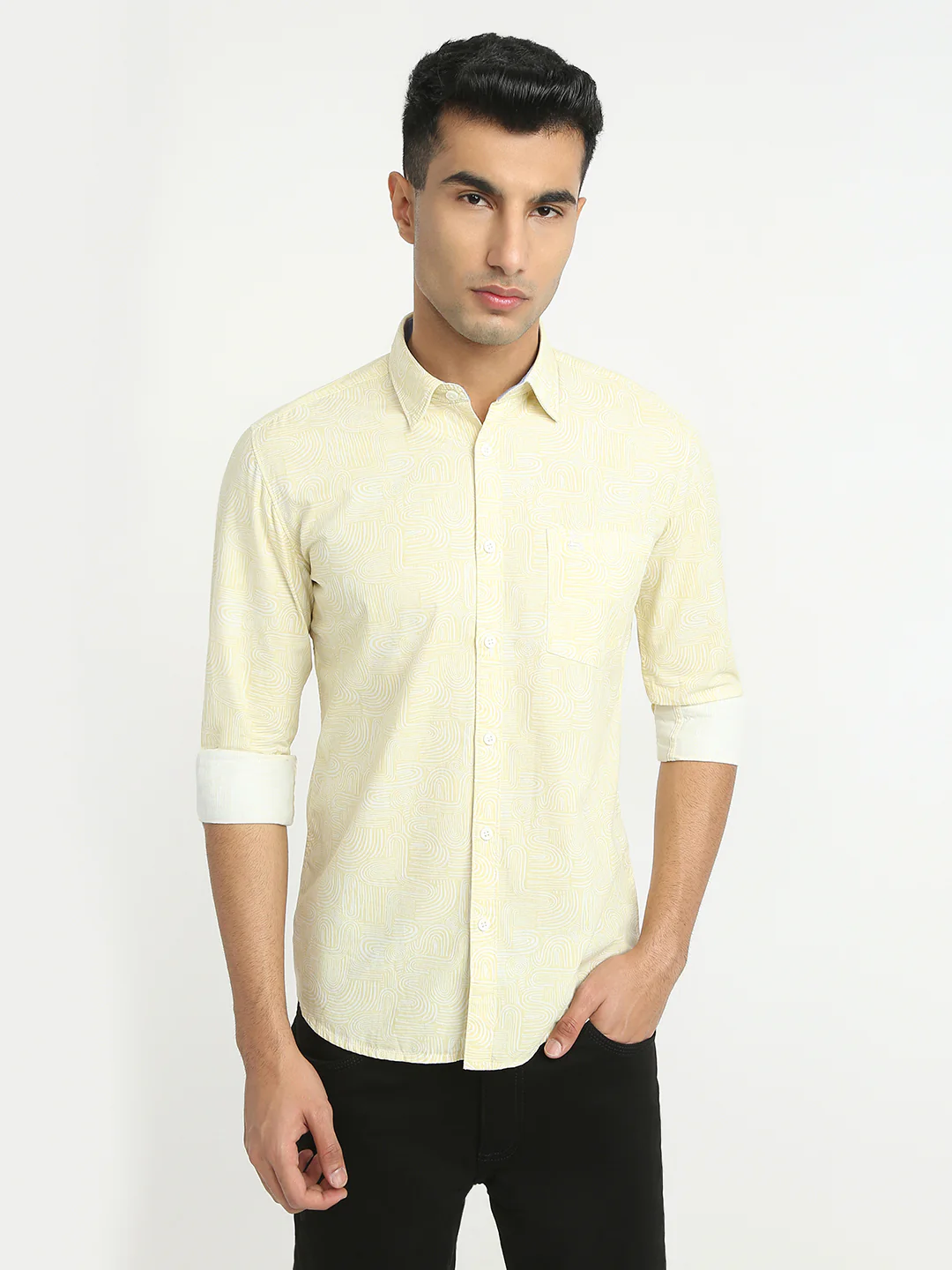 Parx Men Yellow Print Slim Fit Cotton Casual Shirt