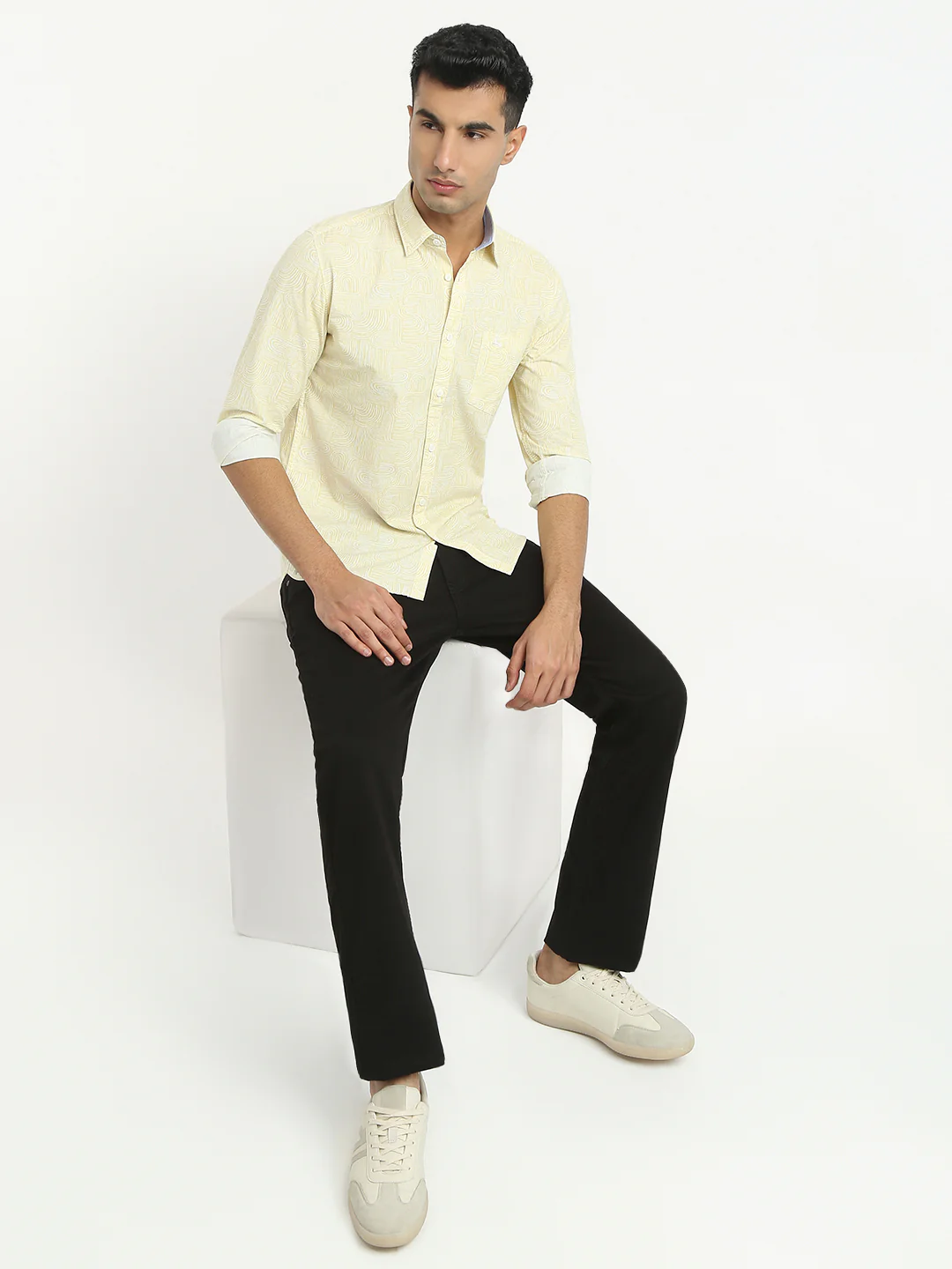 Parx Men Yellow Print Slim Fit Cotton Casual Shirt - Image 5