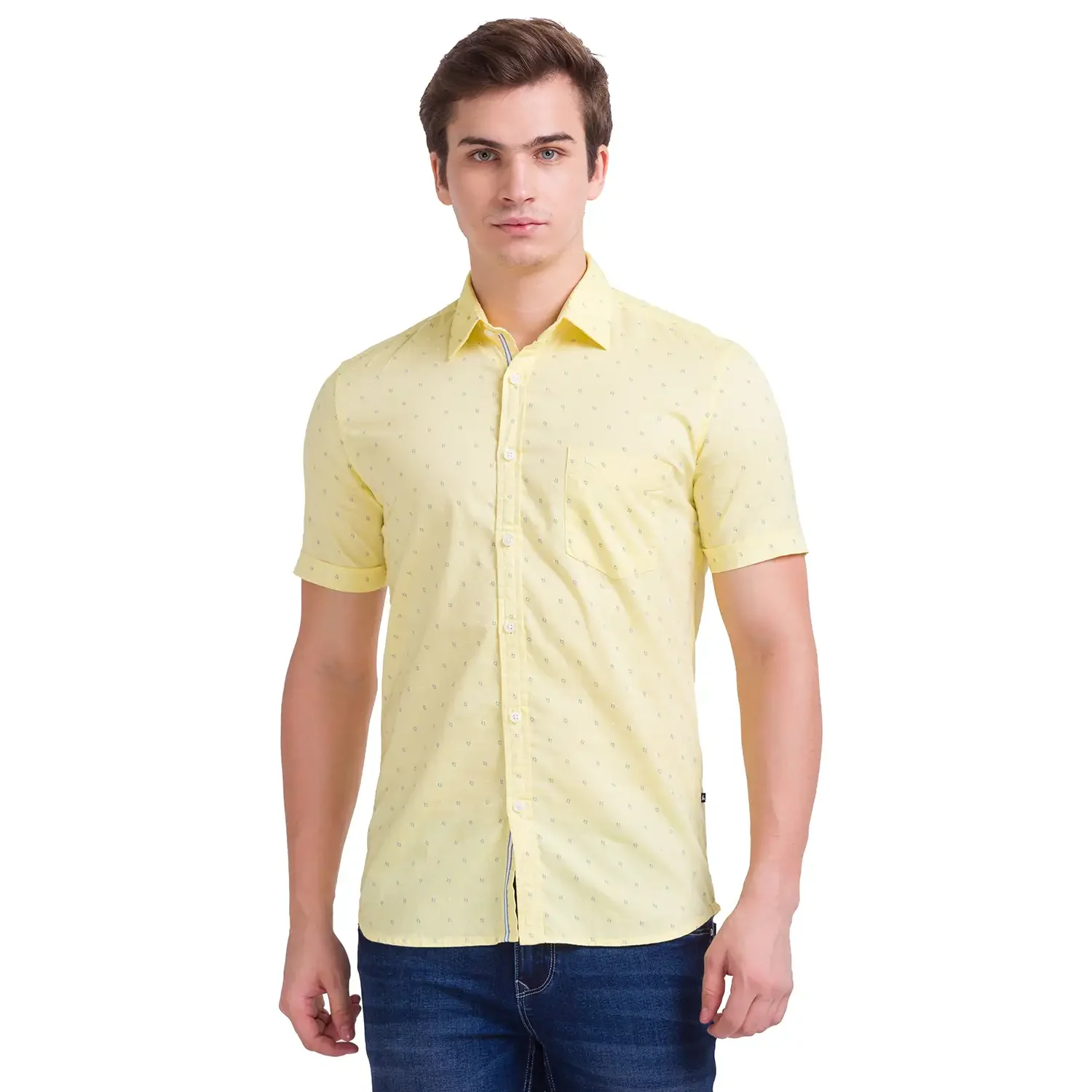 Parx Men Yellow Print Slim Fit Cotton Half Sleeve Cutaway Collar Shirt