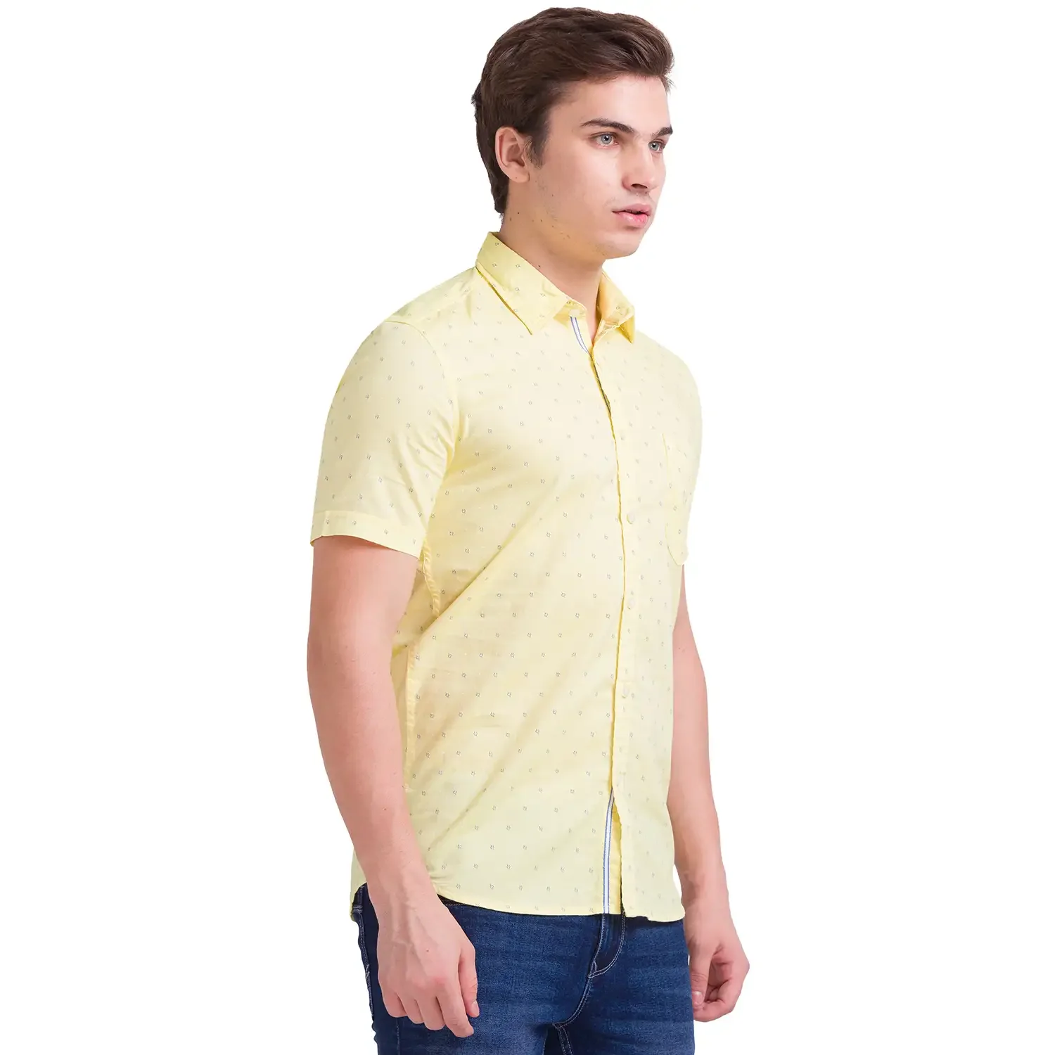 Parx Men Yellow Print Slim Fit Cotton Half Sleeve Cutaway Collar Shirt - Image 2