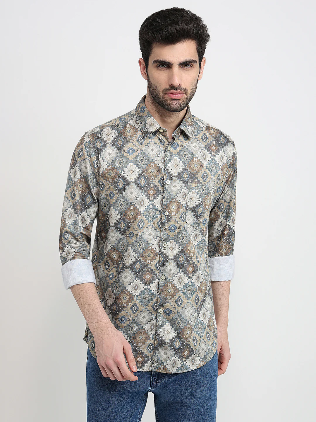 Parx Men Yellow Printed Slim Fit Cotton Full Sleeve Casual Shirt