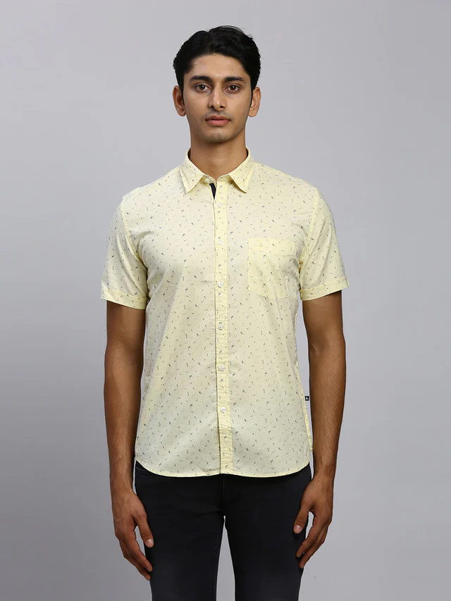Parx Men Yellow Printed Slim Fit Half Sleeve Semi Cut Away Collar Shirt